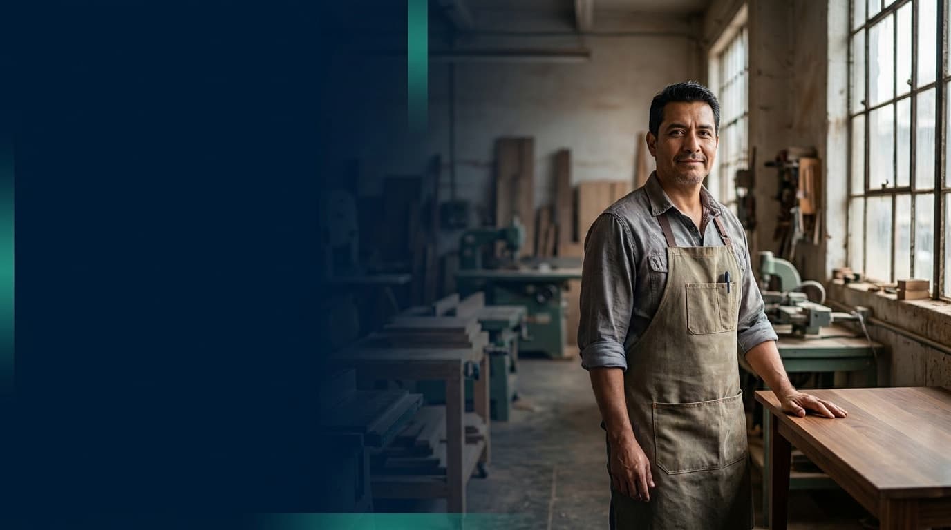 Dueño de un taller de muebles en su local, pieza de campaña de crédito empresarial.